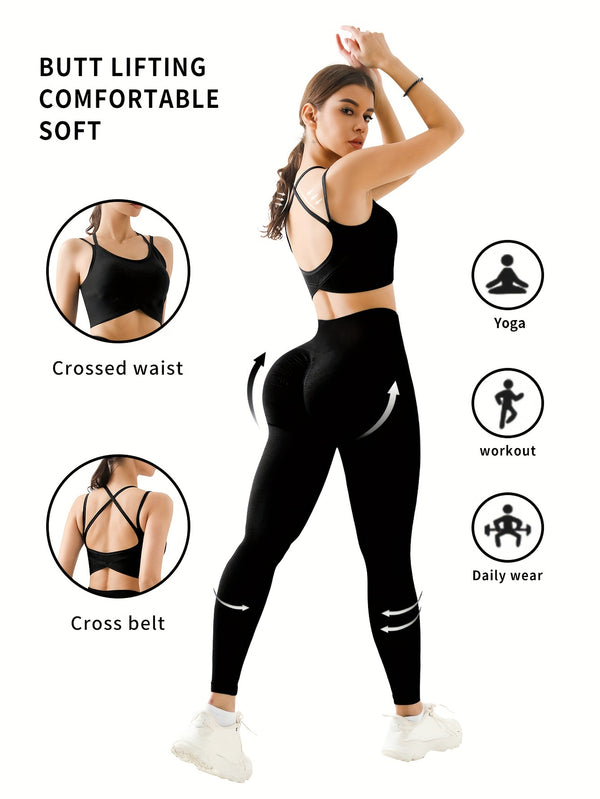 2pcs Solid Color Workout Sets, Backless Sports Bra & Wide Waistband Hip Lift Running Leggings